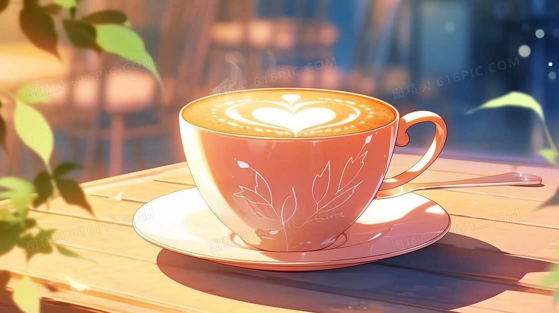 阳光下的一杯拉花咖啡插画