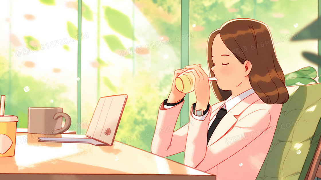 办公室里喝咖啡的女白领插画