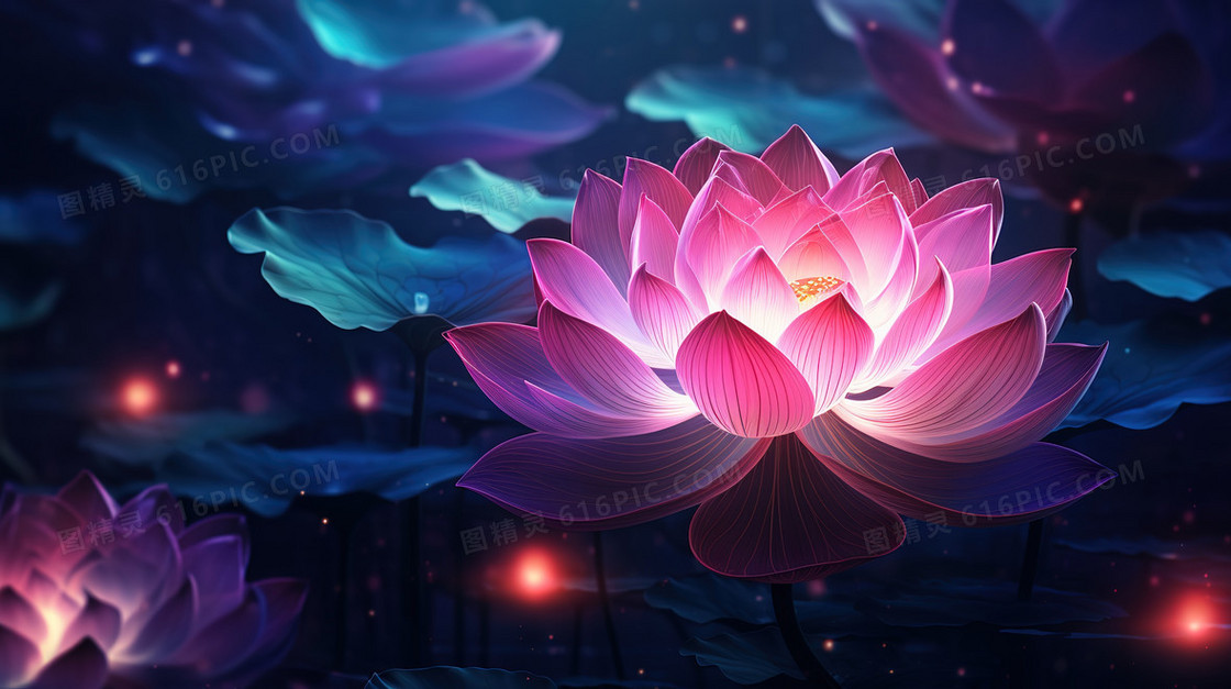 湖面上盛开的粉色莲花插画