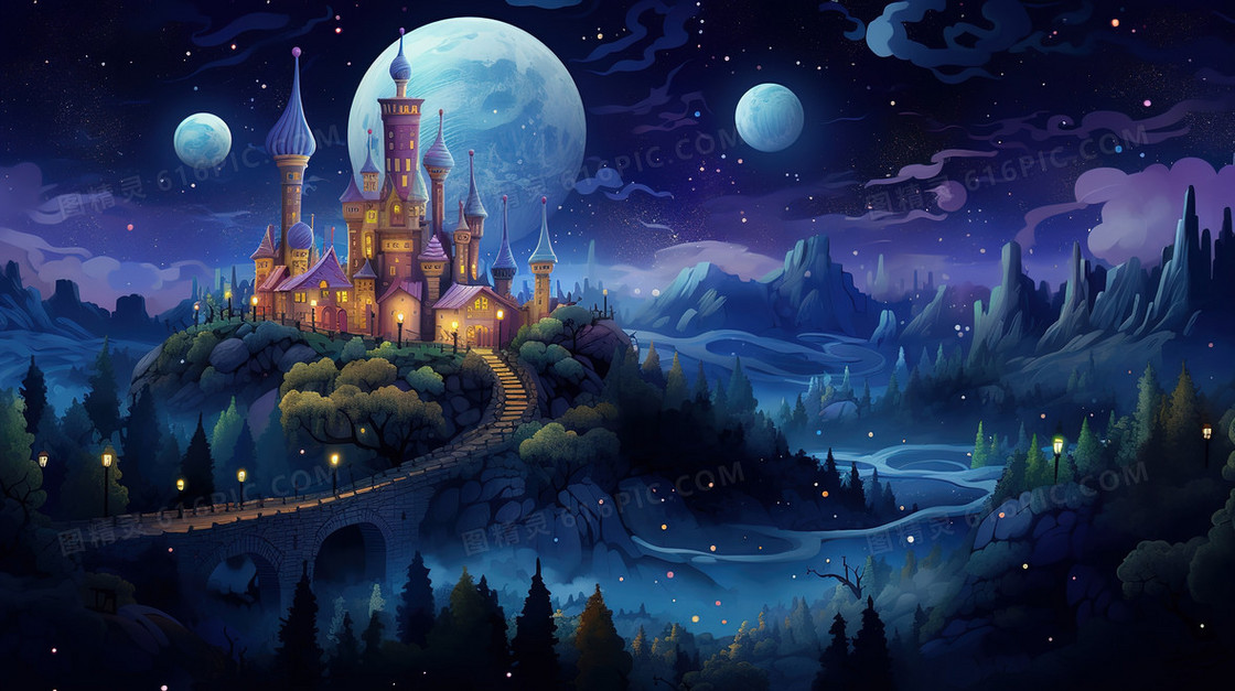 七彩童话世界里的山顶城堡插画