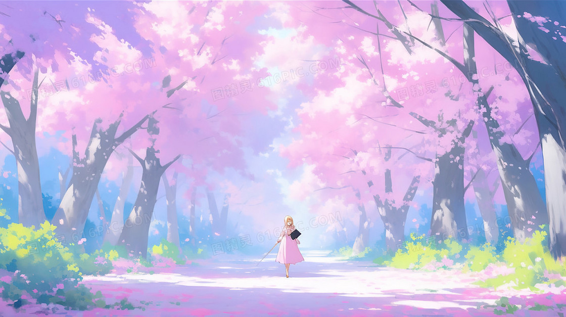 春季盛开的樱花树林下的少女插画