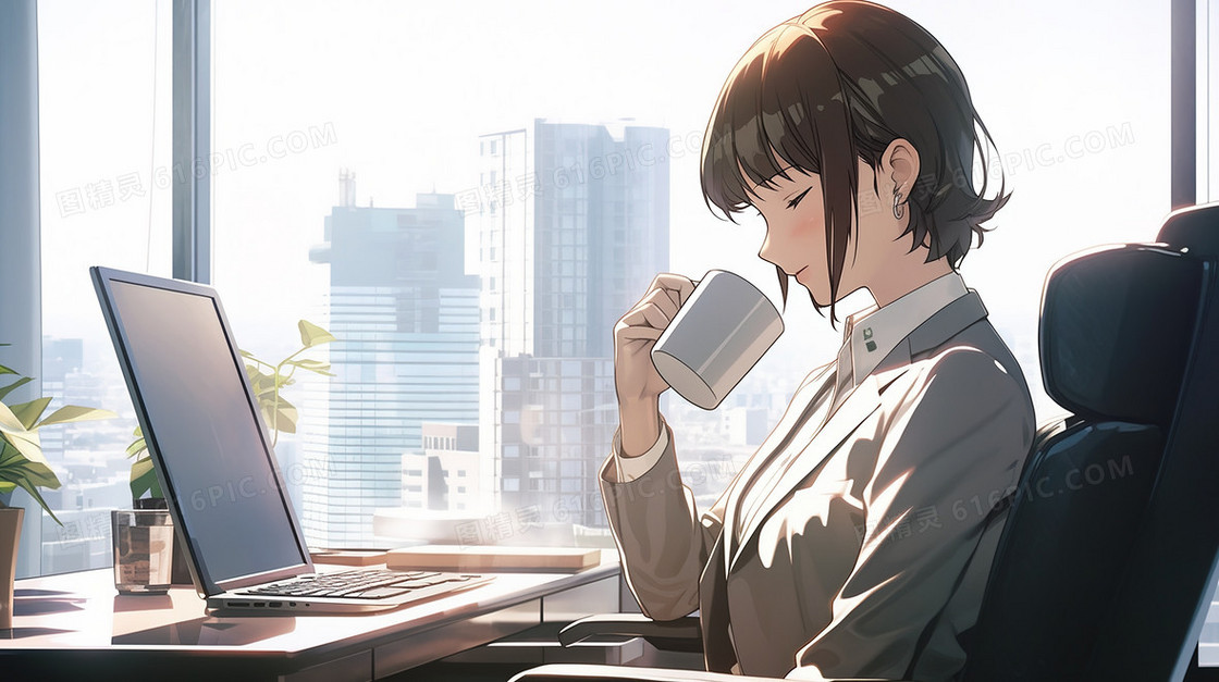 办公桌前喝咖啡的女白领插画