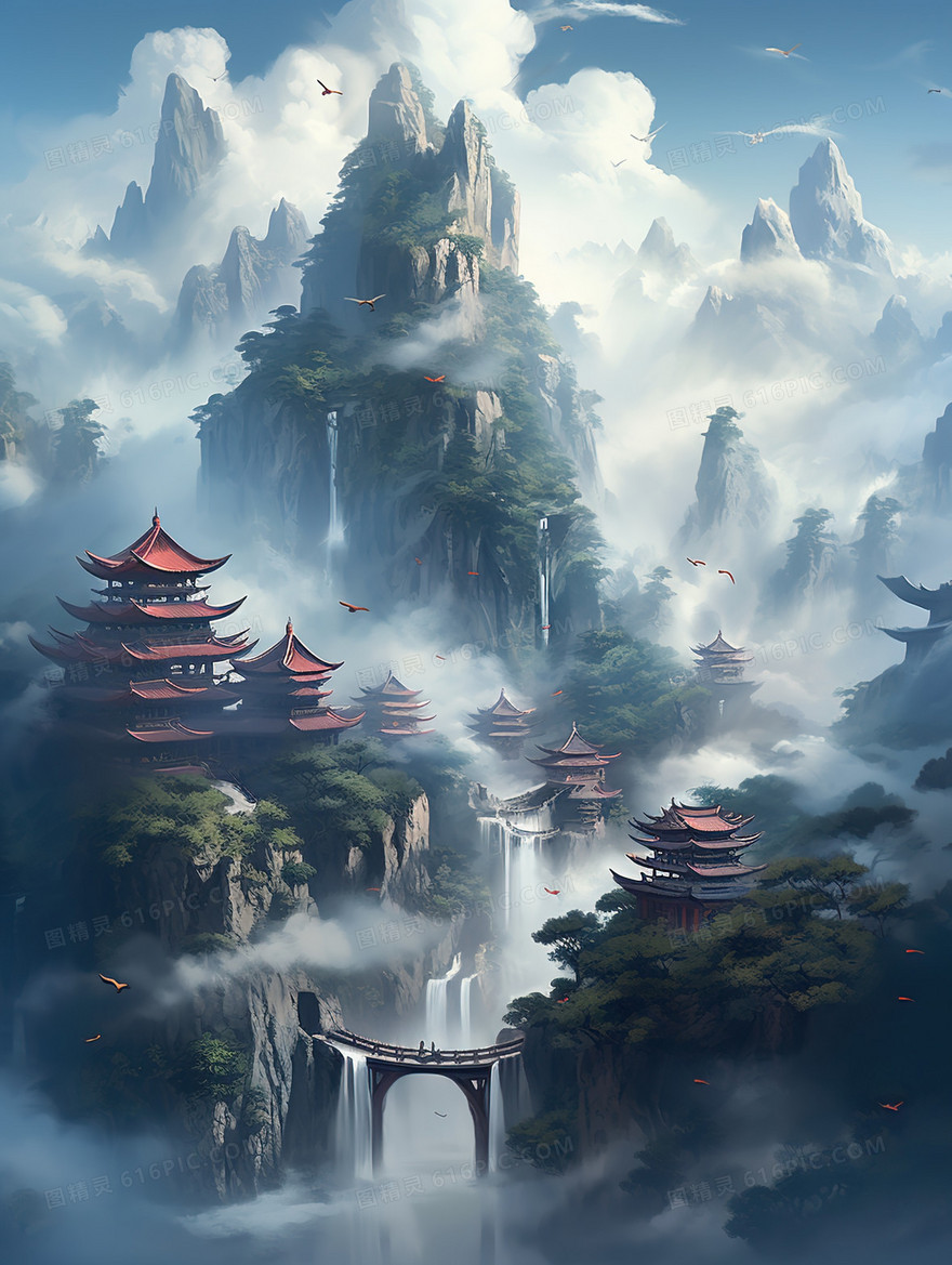 中国风古风山水建筑峡谷插画