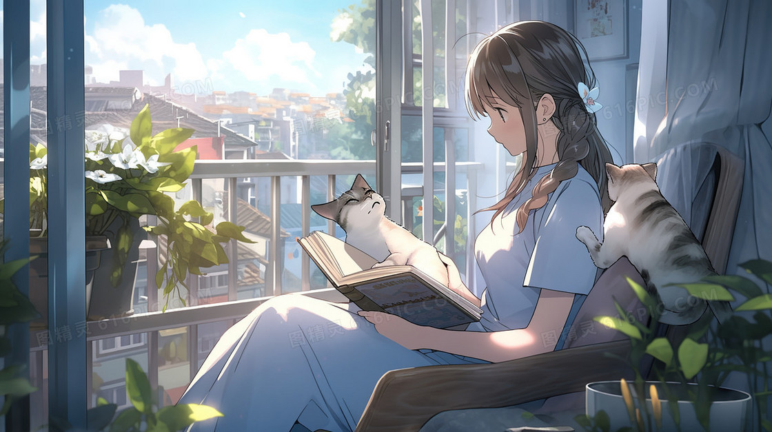 与猫咪一起坐在窗边看书的少女插画
