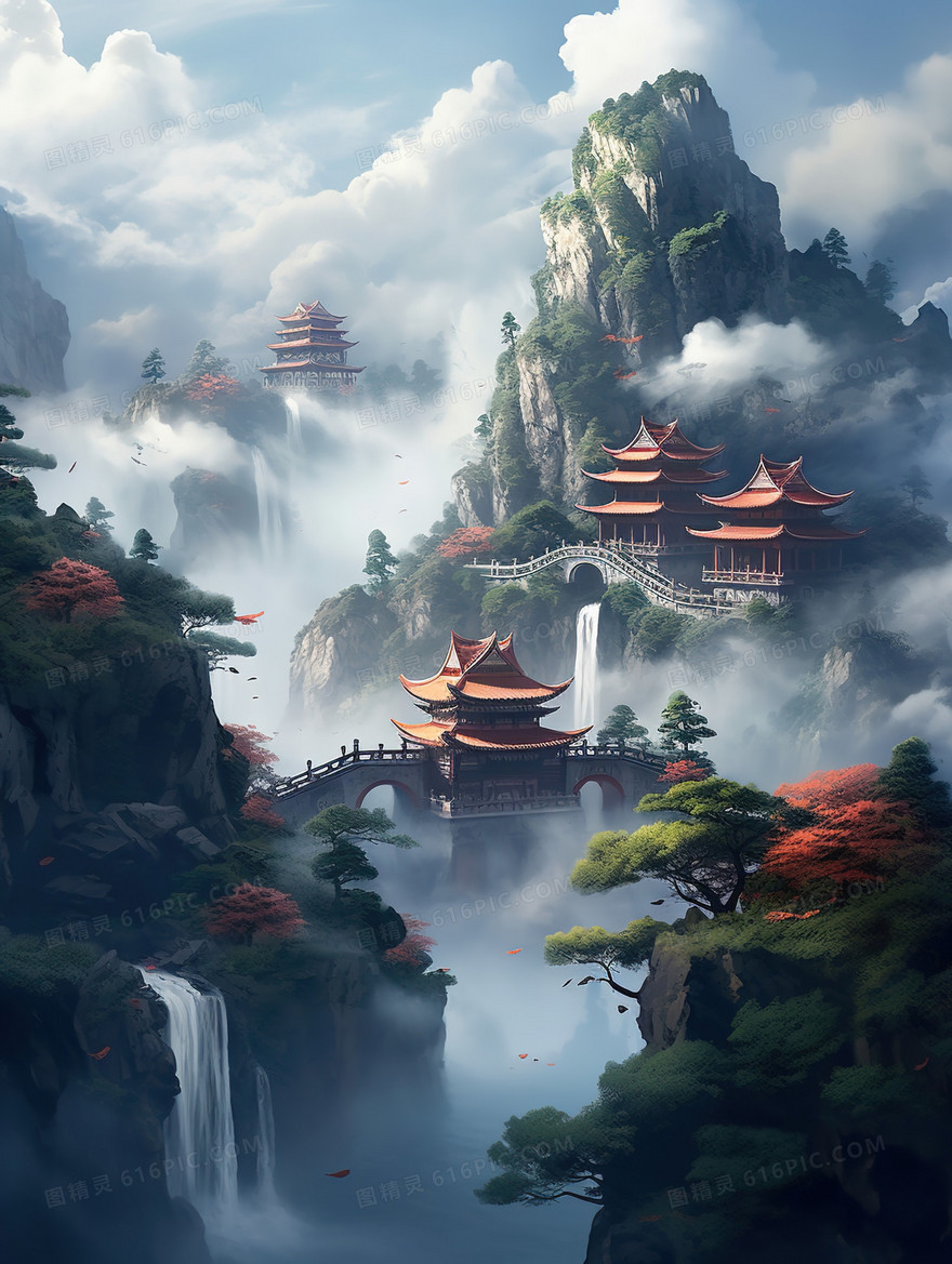 中国风古风山水建筑峡谷插画