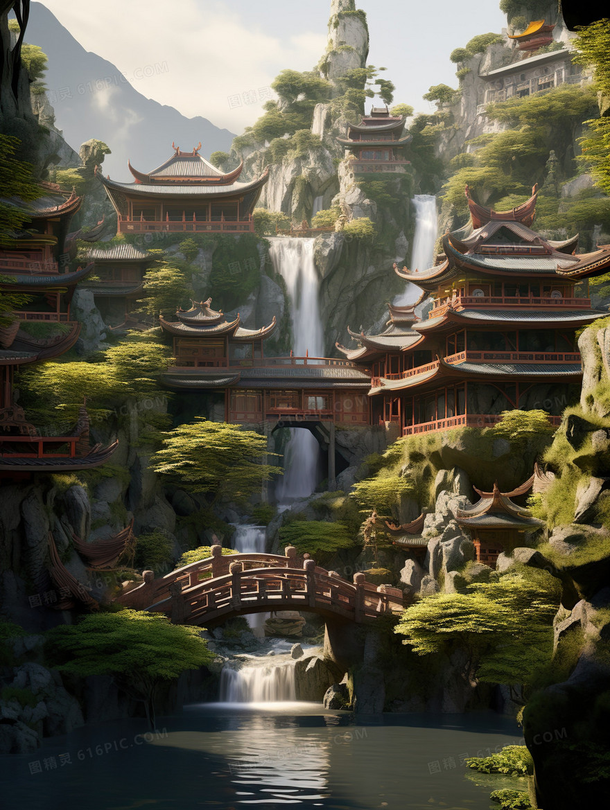 中国风古风山水建筑峡谷插画