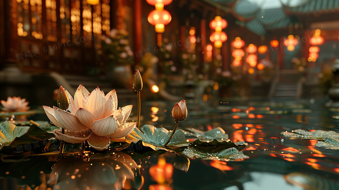 中国风古代节气荷花唯美场景建筑插画