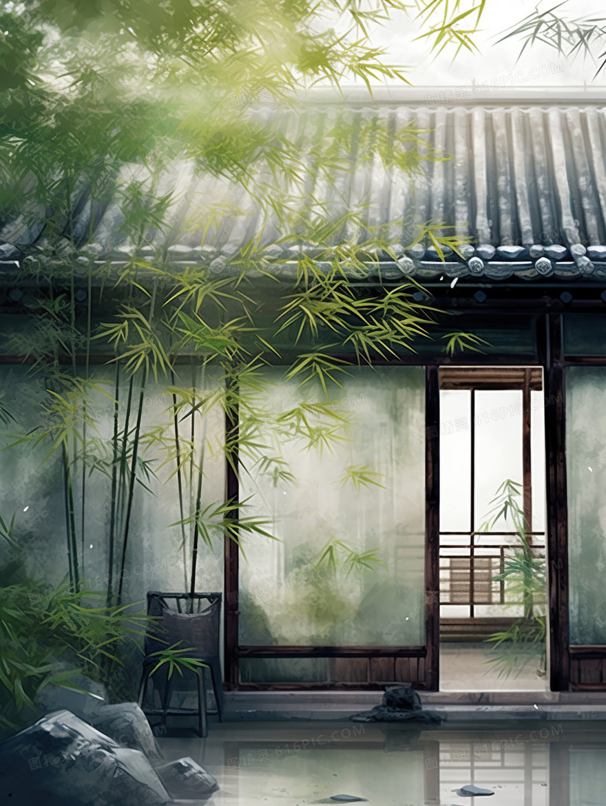 中国风绿色深幽竹林国风插画