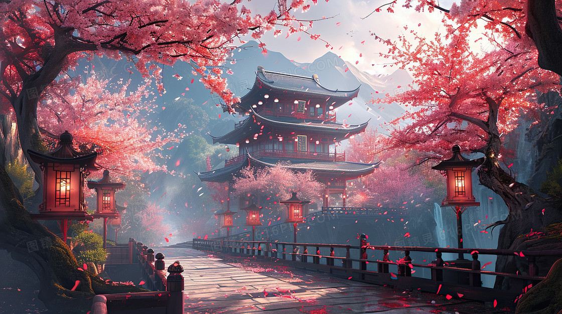 中国风粉色樱花桃花古风建筑节气插画