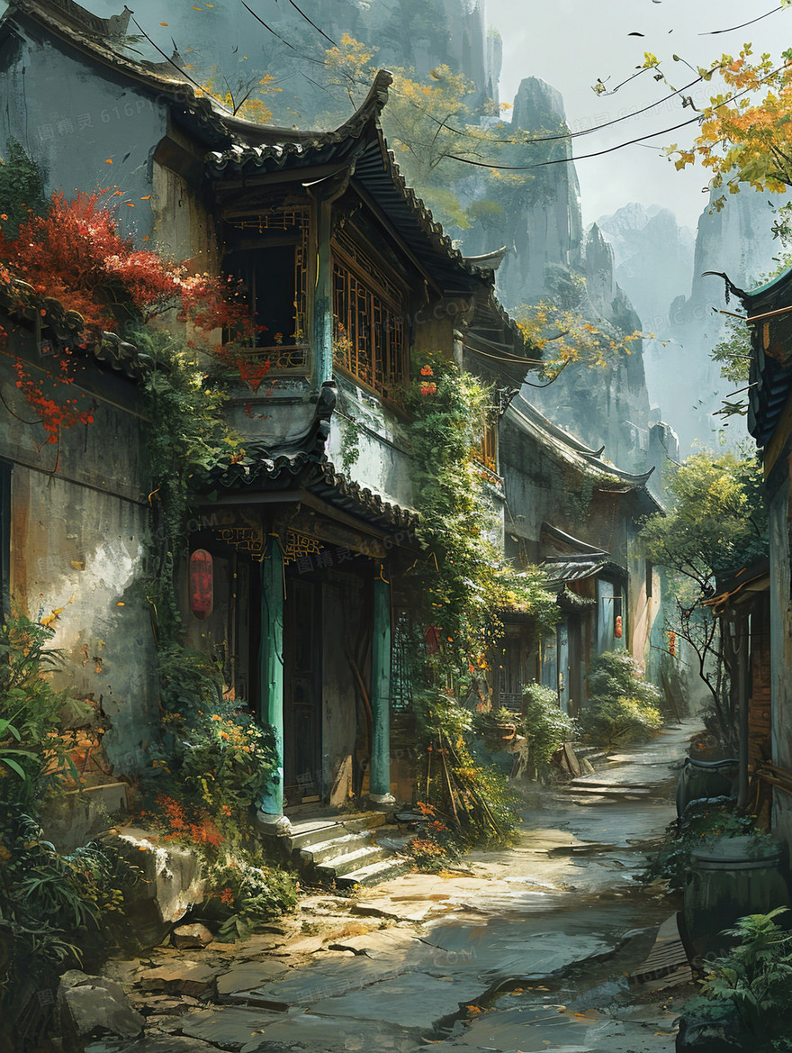 中国风古代街道小巷场景插画