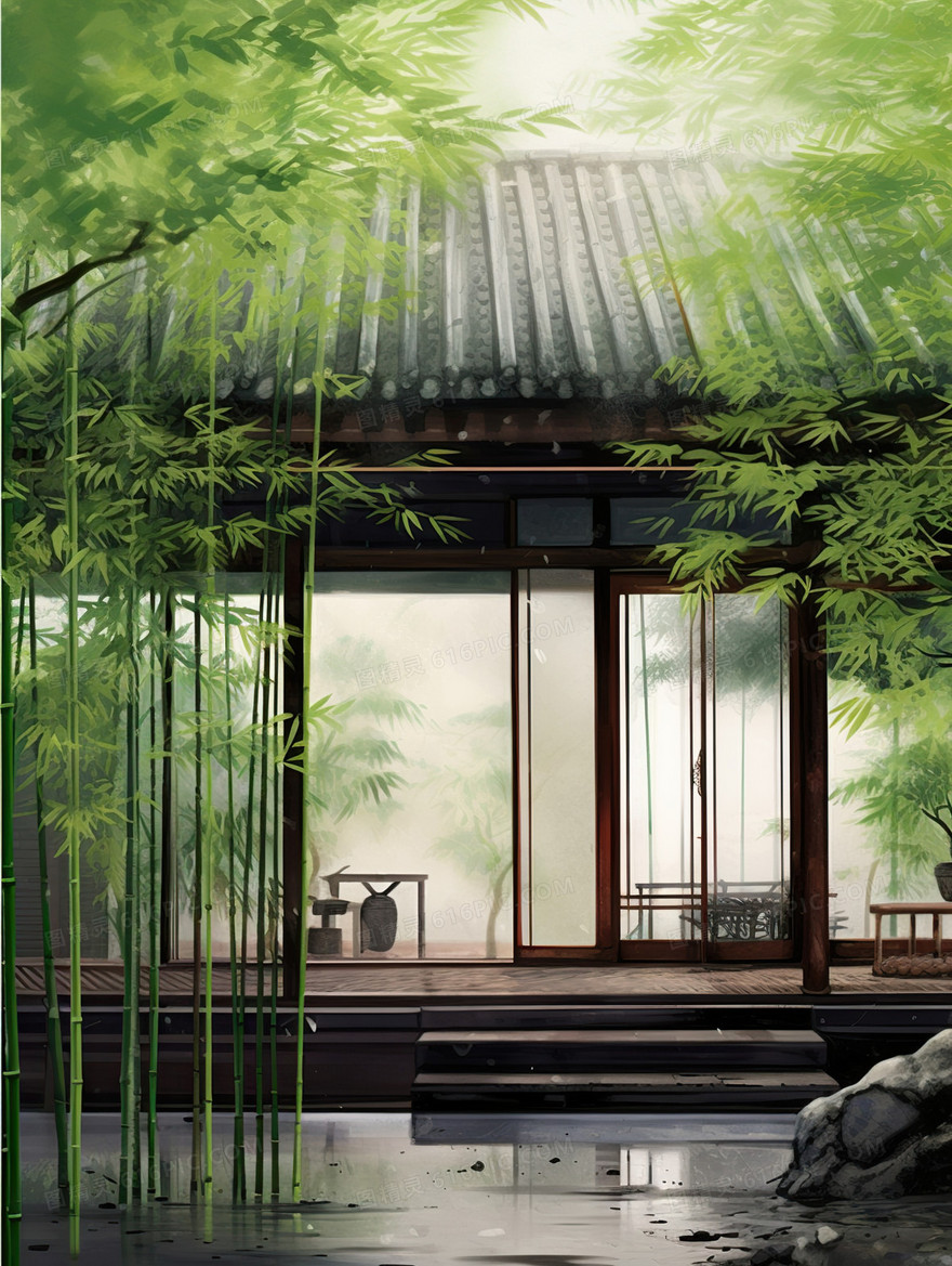 中国风绿色深幽竹林国风插画