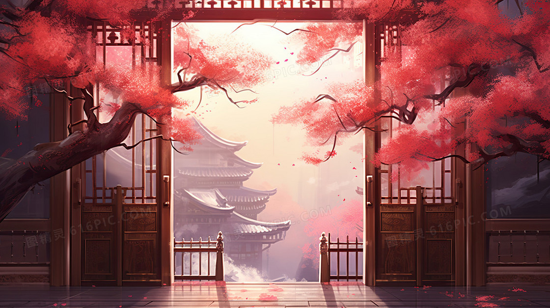中国风粉色樱花桃花古风建筑节气插画