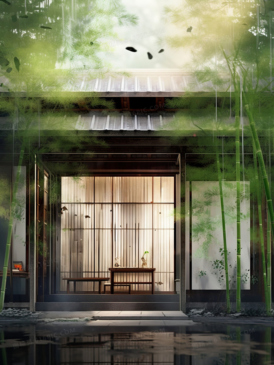 中国风绿色深幽竹林国风插画