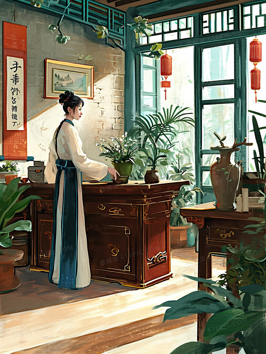 中国风少女古代人物唯美传统文化插画