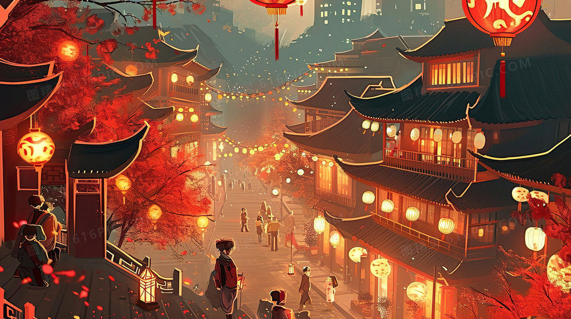 中国风古代街道小巷场景节气插画