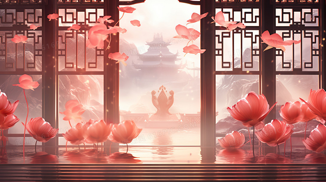 中国风古代节气荷花唯美场景建筑插画