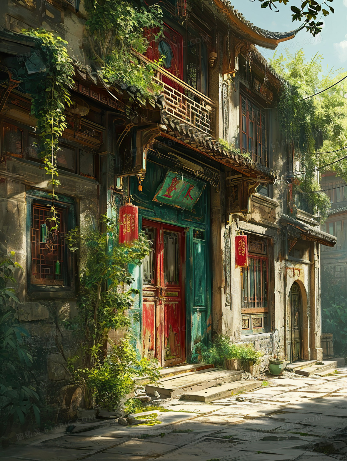 中国风古代街道小巷场景插画