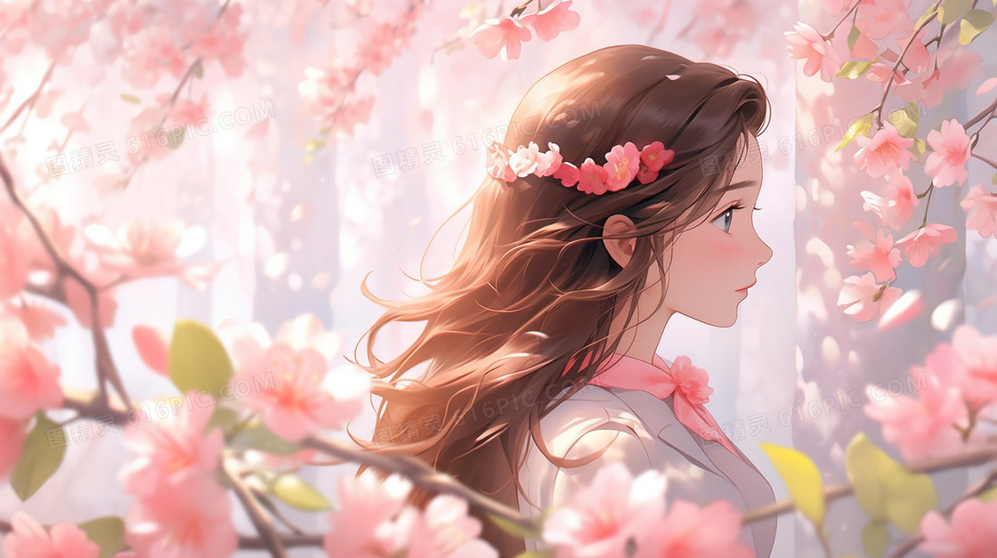 盛开的樱花林中的少女插画
