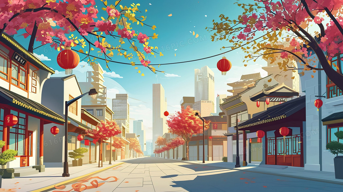 中国风古典建筑街道插画