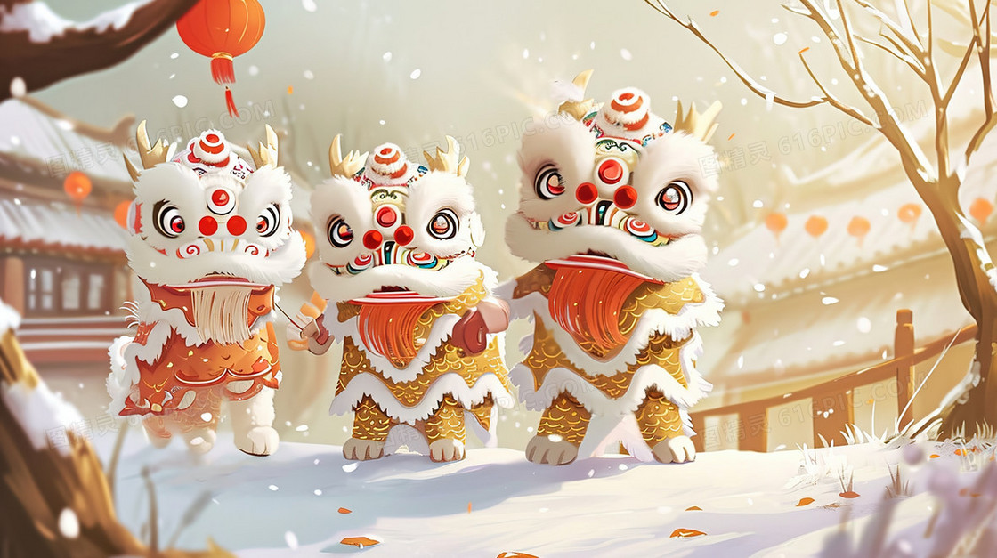 中国风吉祥节日舞狮插画