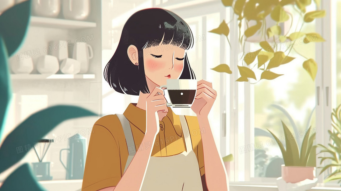 坐在餐厅品尝咖啡的女人插画