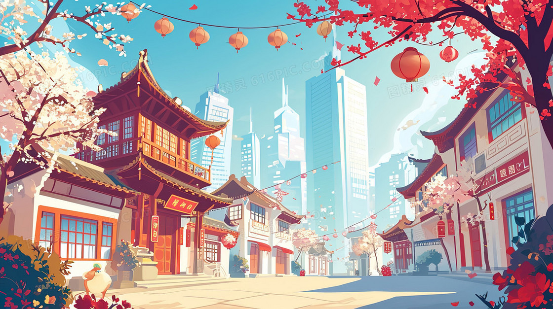 中国风古典建筑街道插画