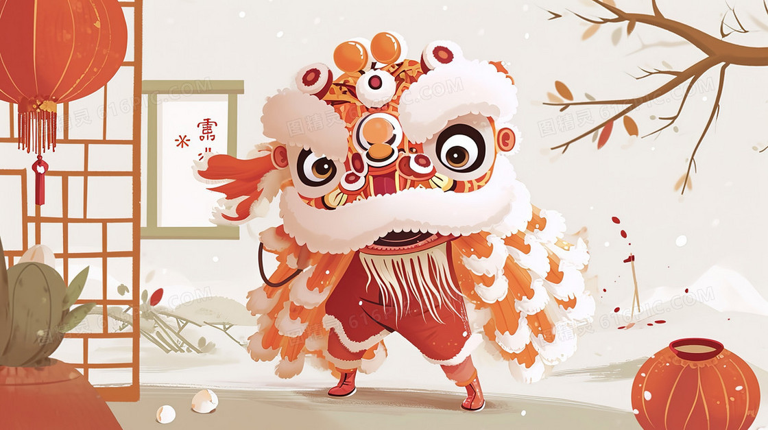 中国风吉祥节日舞狮插画