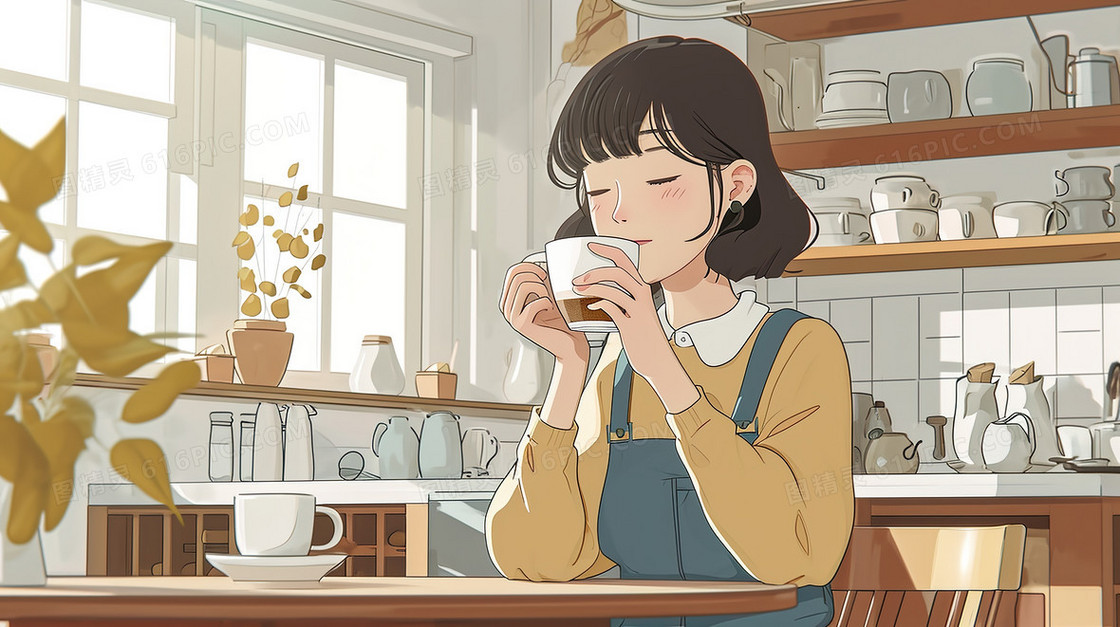 坐在咖啡厅里品尝咖啡的女孩插画
