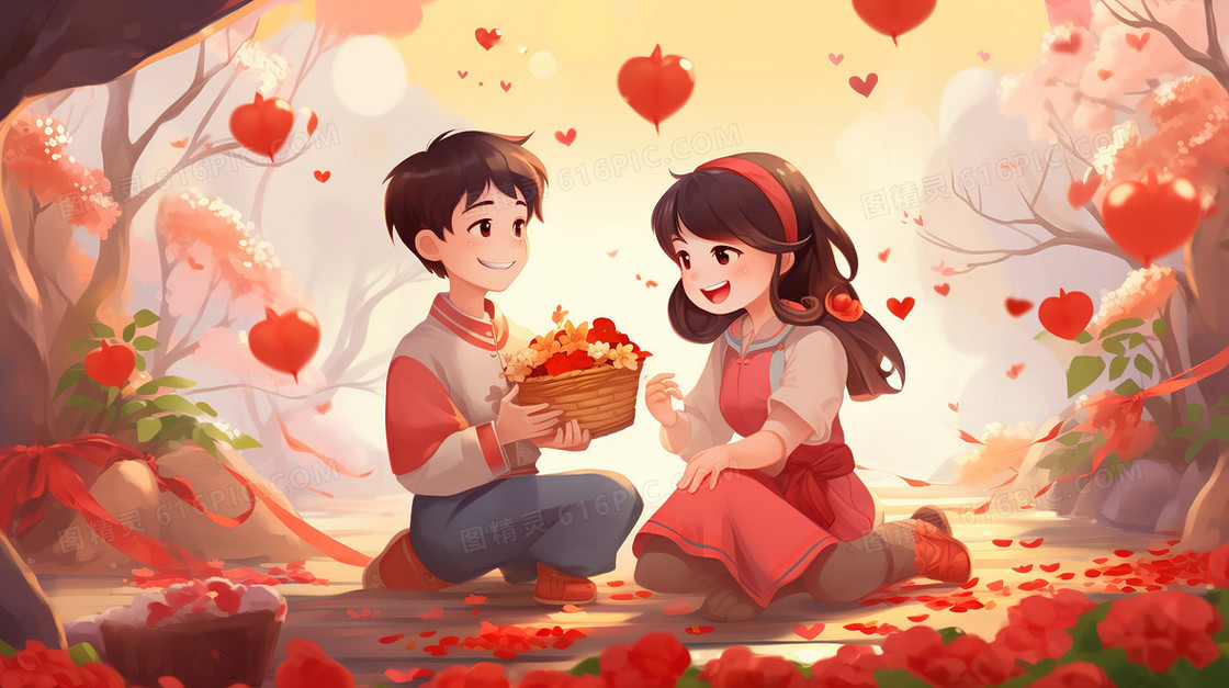 送给女生花篮的男生情侣插画