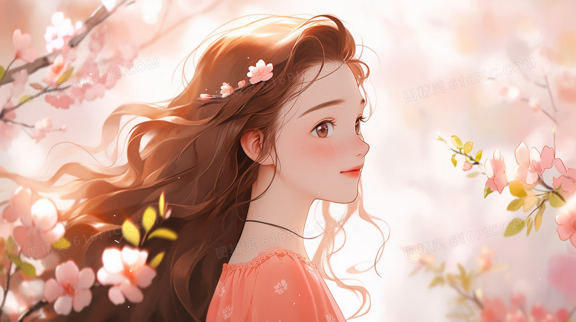 盛开的樱花林中的少女插画