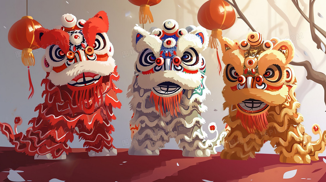 中国风吉祥节日舞狮插画