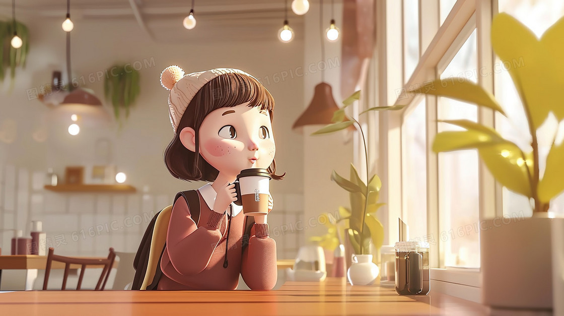 坐在咖啡厅里品尝咖啡的女孩插画