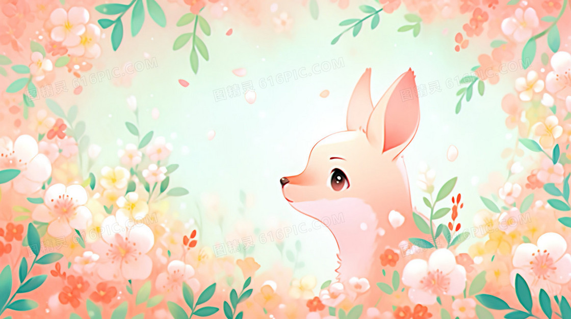 粉色鲜花丛中的小鹿插画