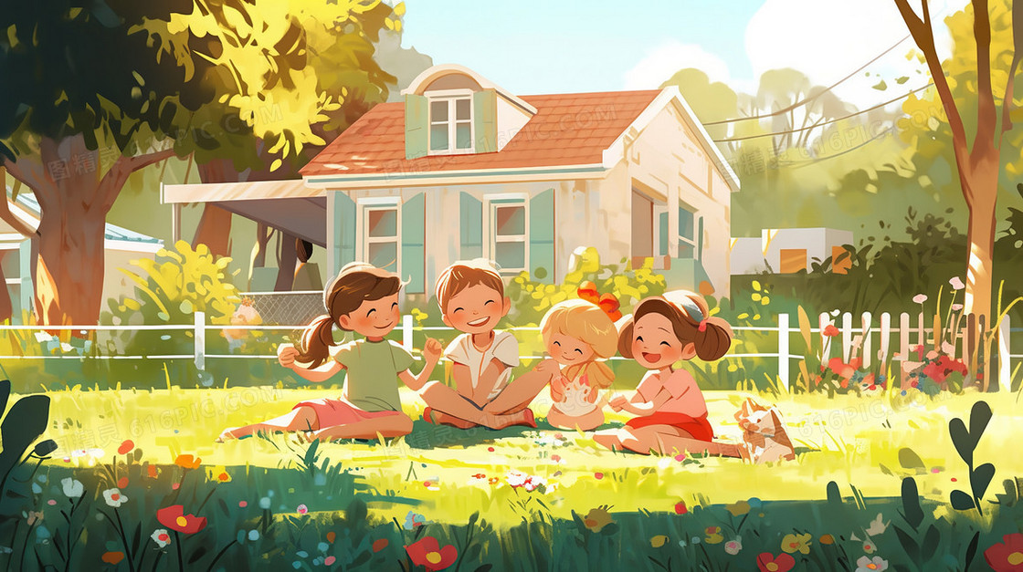 夏日阳光下屋前花园玩耍的孩子们插画