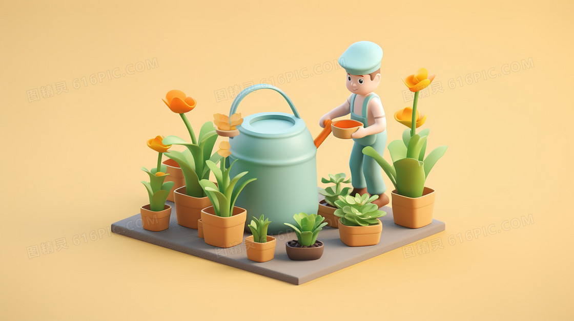 3D花农给盆栽浇水插画