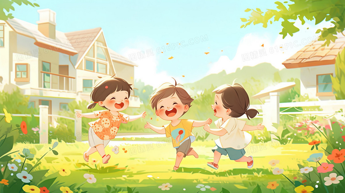 夏日阳光下屋前花园玩耍的孩子们插画