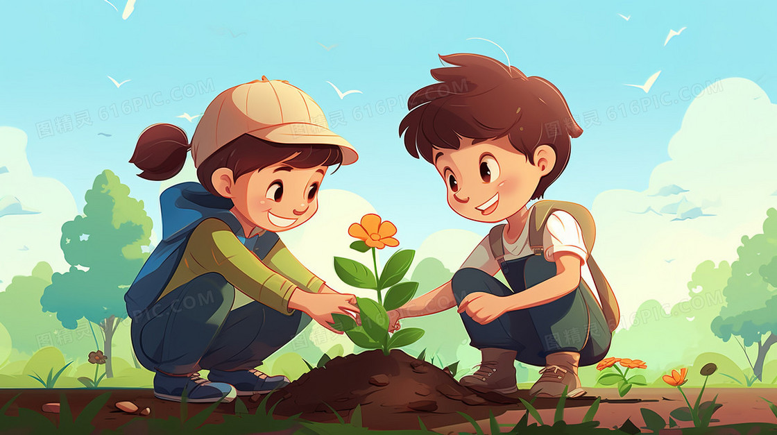 两个小孩一起种树的插画
