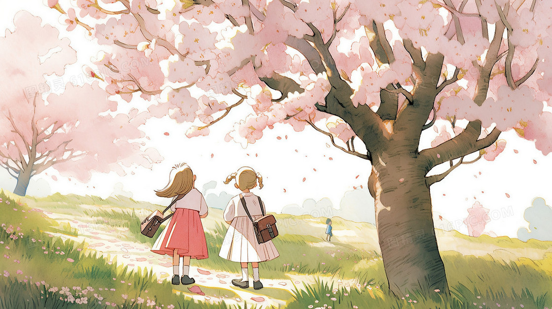 粉色樱花树下的两个女孩插画