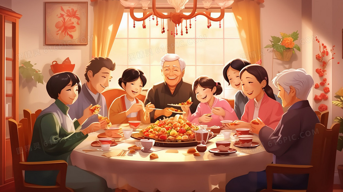 节日一起聚餐的家人们插画