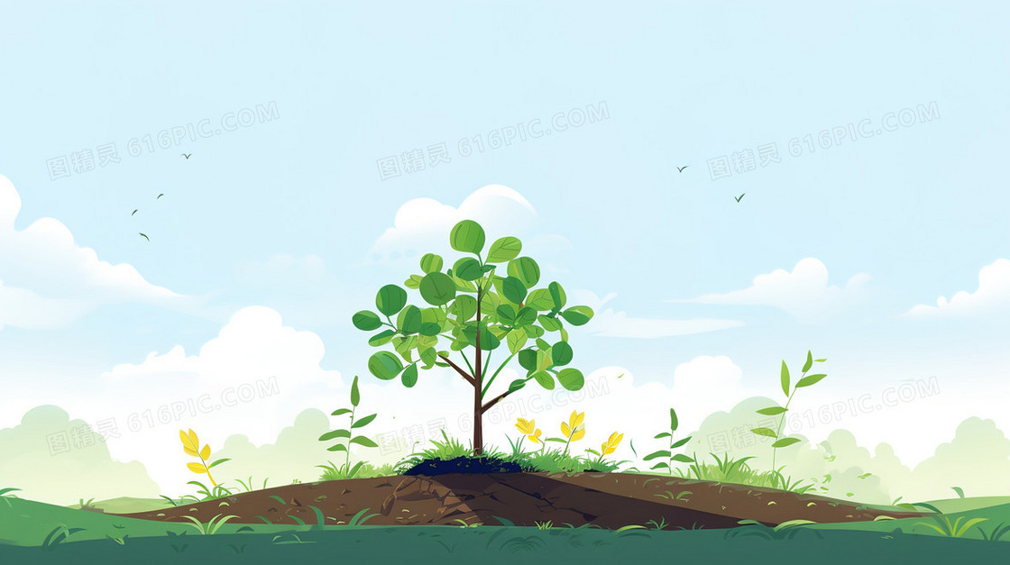 土坡上的一棵小树苗插画
