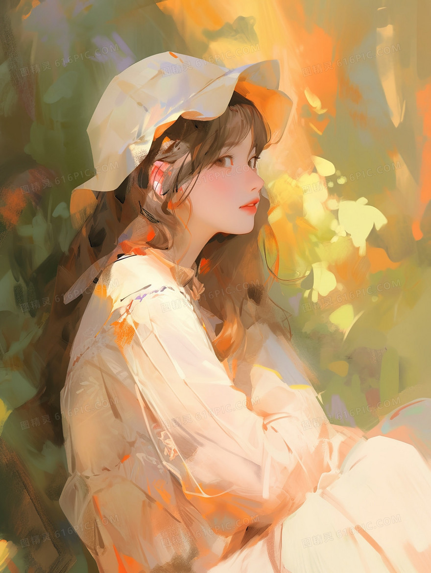 夏日花草丛中的少女油画插画