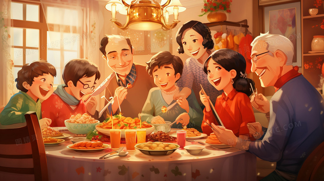 节日一起聚餐的家人们插画