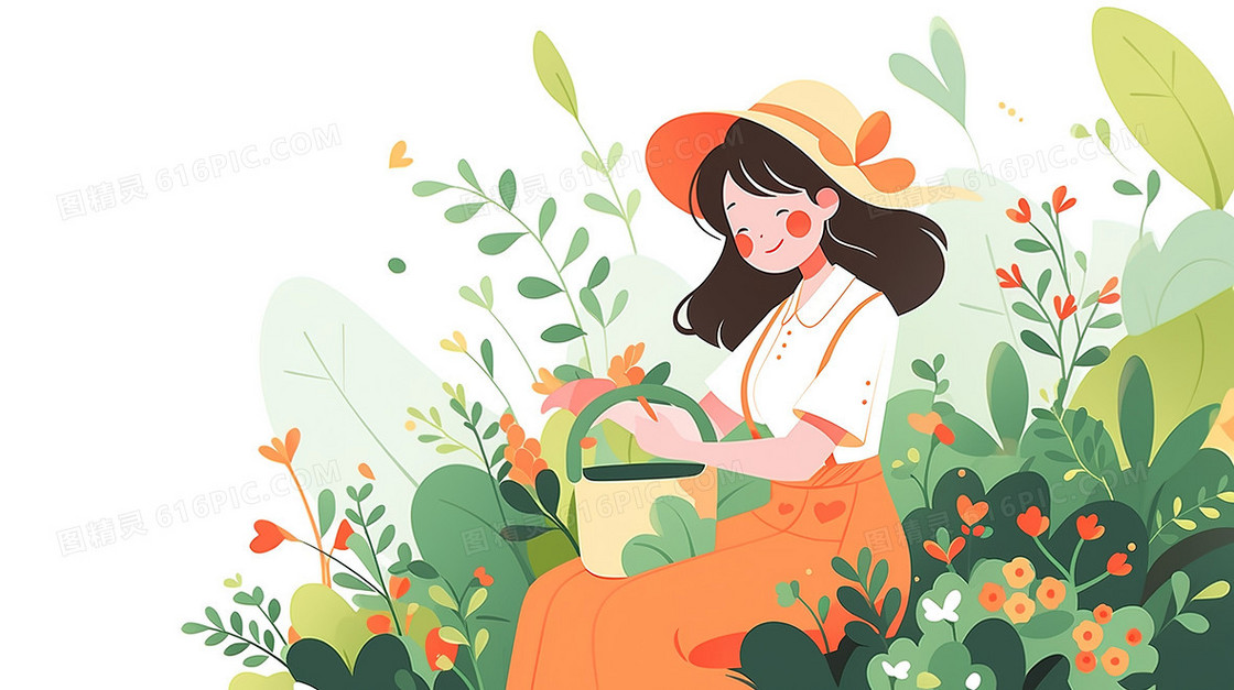 花园里种植植物的女生插画