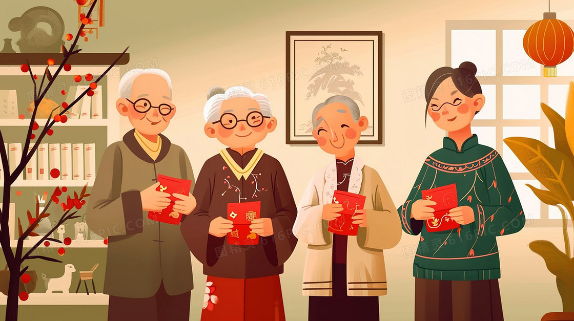 家里春节收到红包的老人们插画