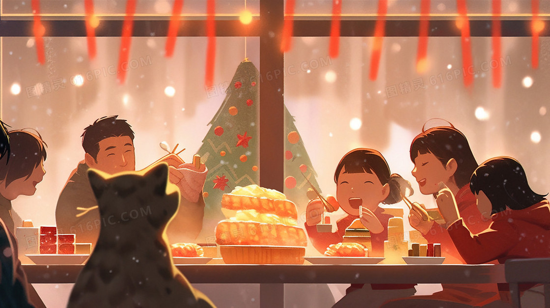 春节餐桌上一起享用年夜饭的一家人插画