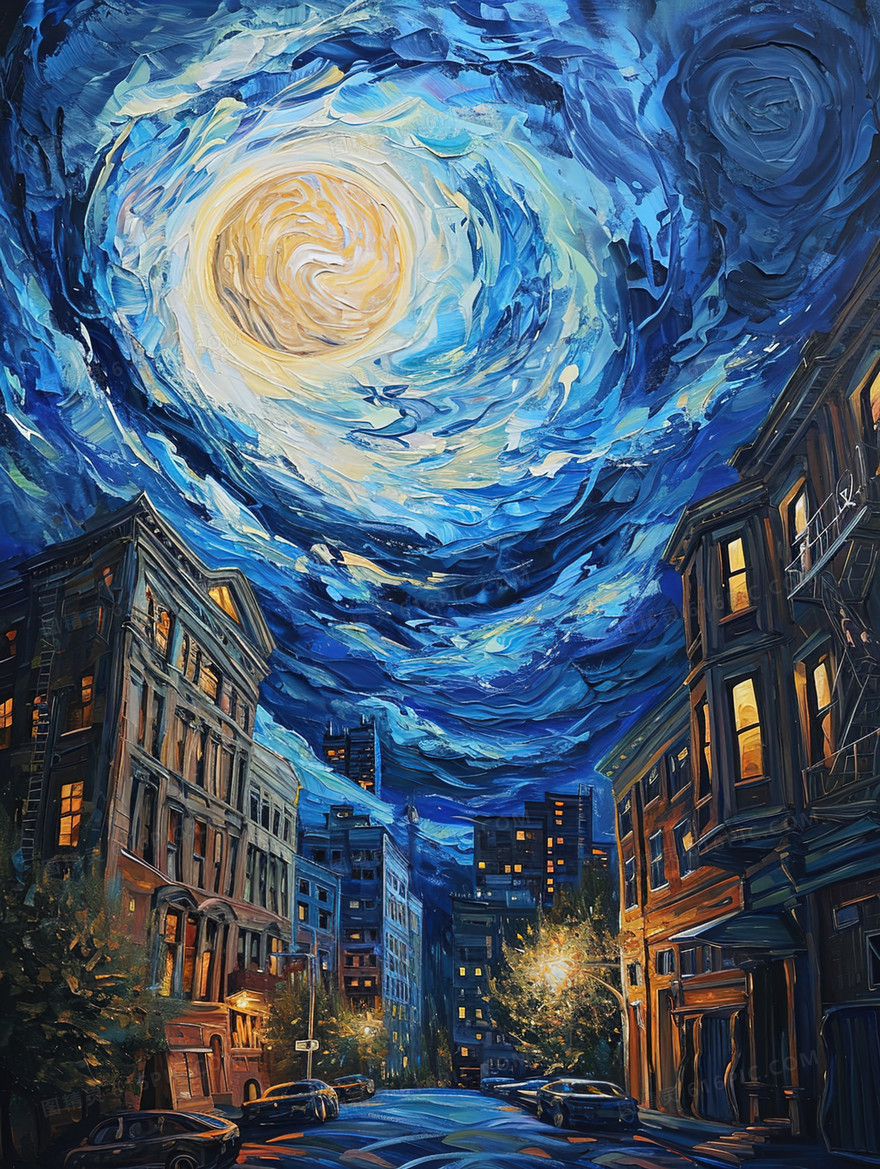 梵高画风城市夜空中的圆月油画插画