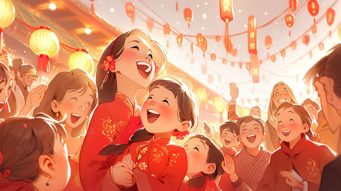 春节庆典里开心相拥的母女插画