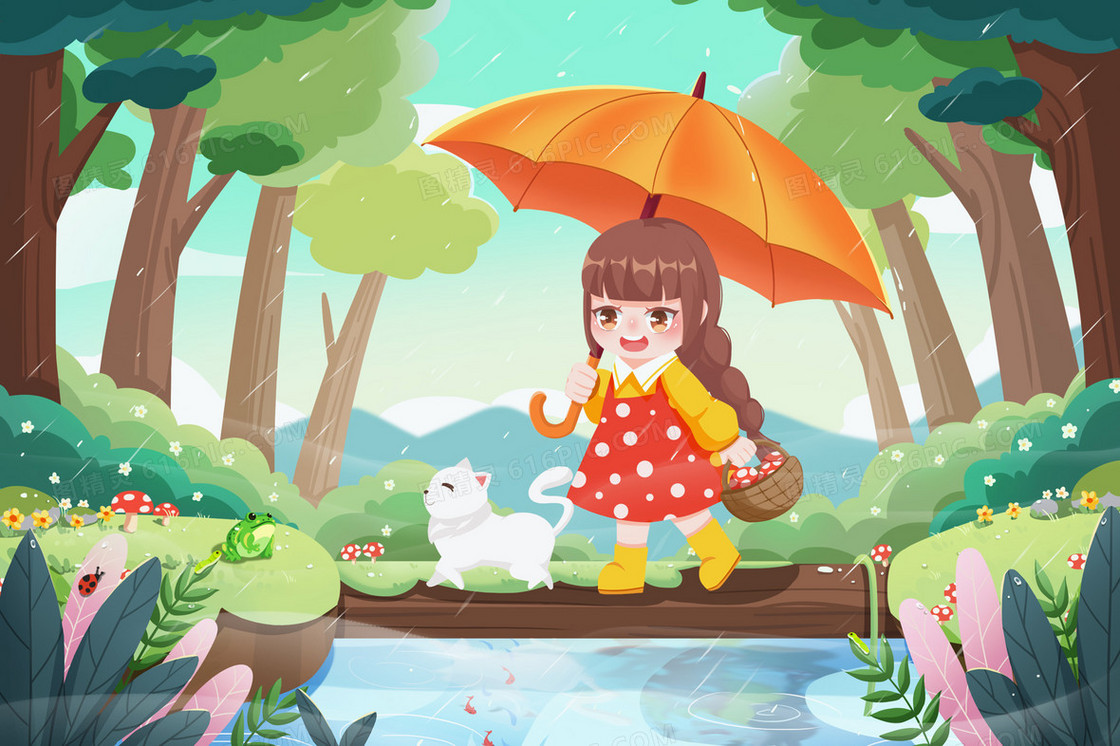 小女孩和小猫咪打伞采蘑菇插画