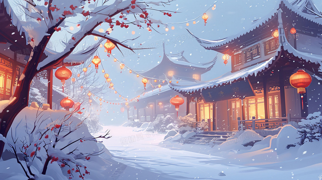 春节积雪古镇插画