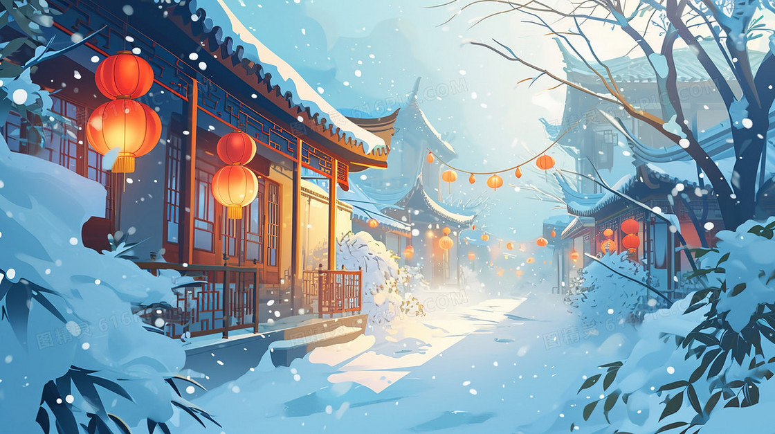 春节积雪古镇插画